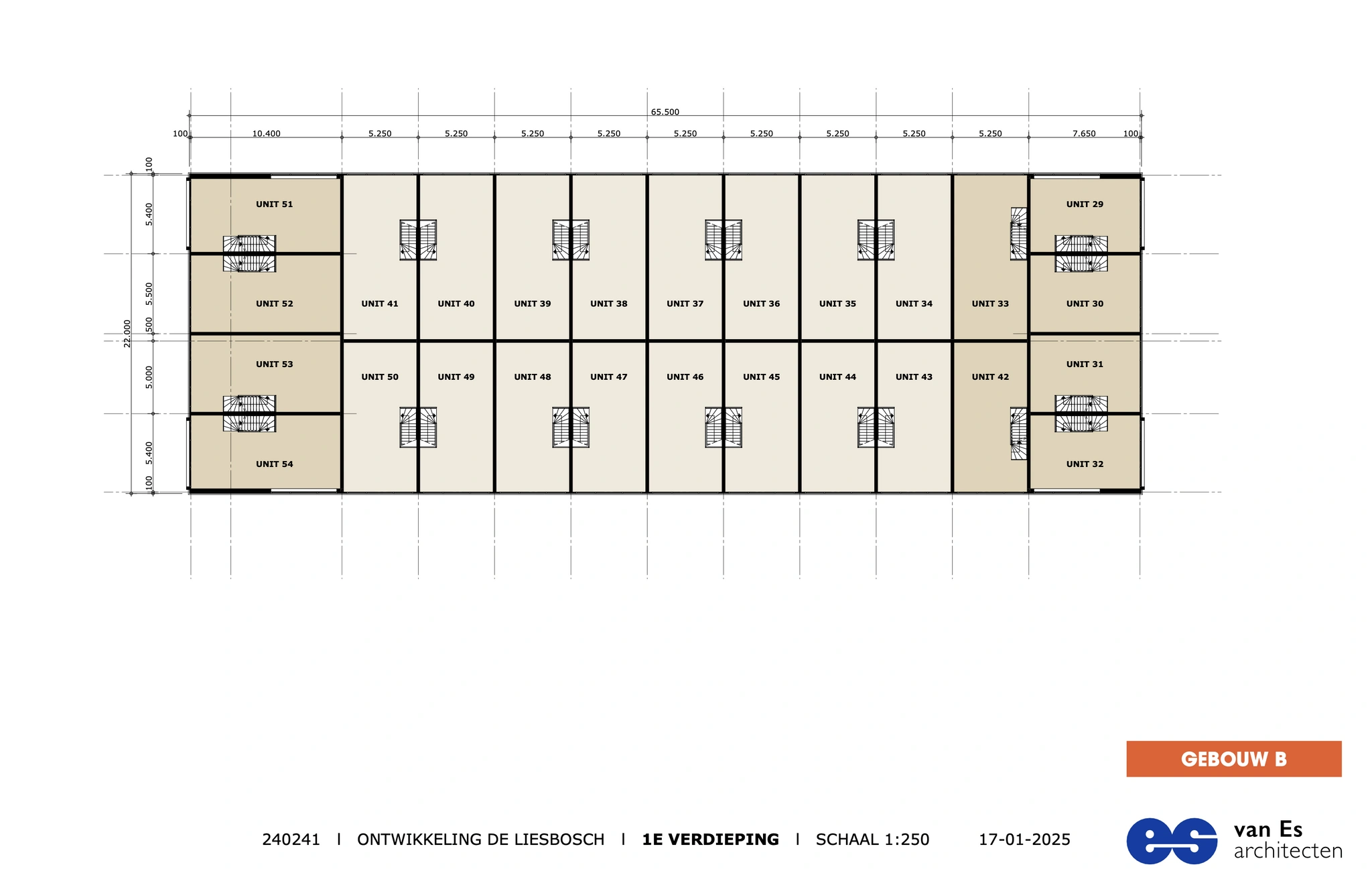Plattegrond van de eerste verdieping van gebouw B in project De Liesbosch met units 29 t/m 54.